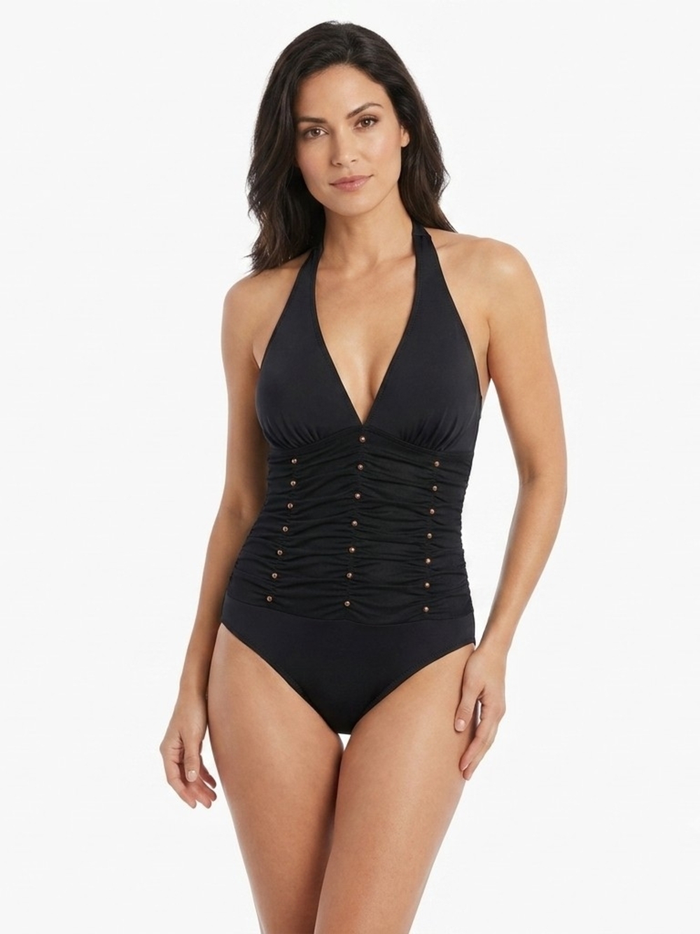 Magicsuit by Miraclesuit Black Studded Ruched Halter One Piece Swimsuit Size 10